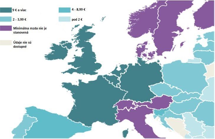 Mapa Európy: porovnanie minimálnem mzdy 