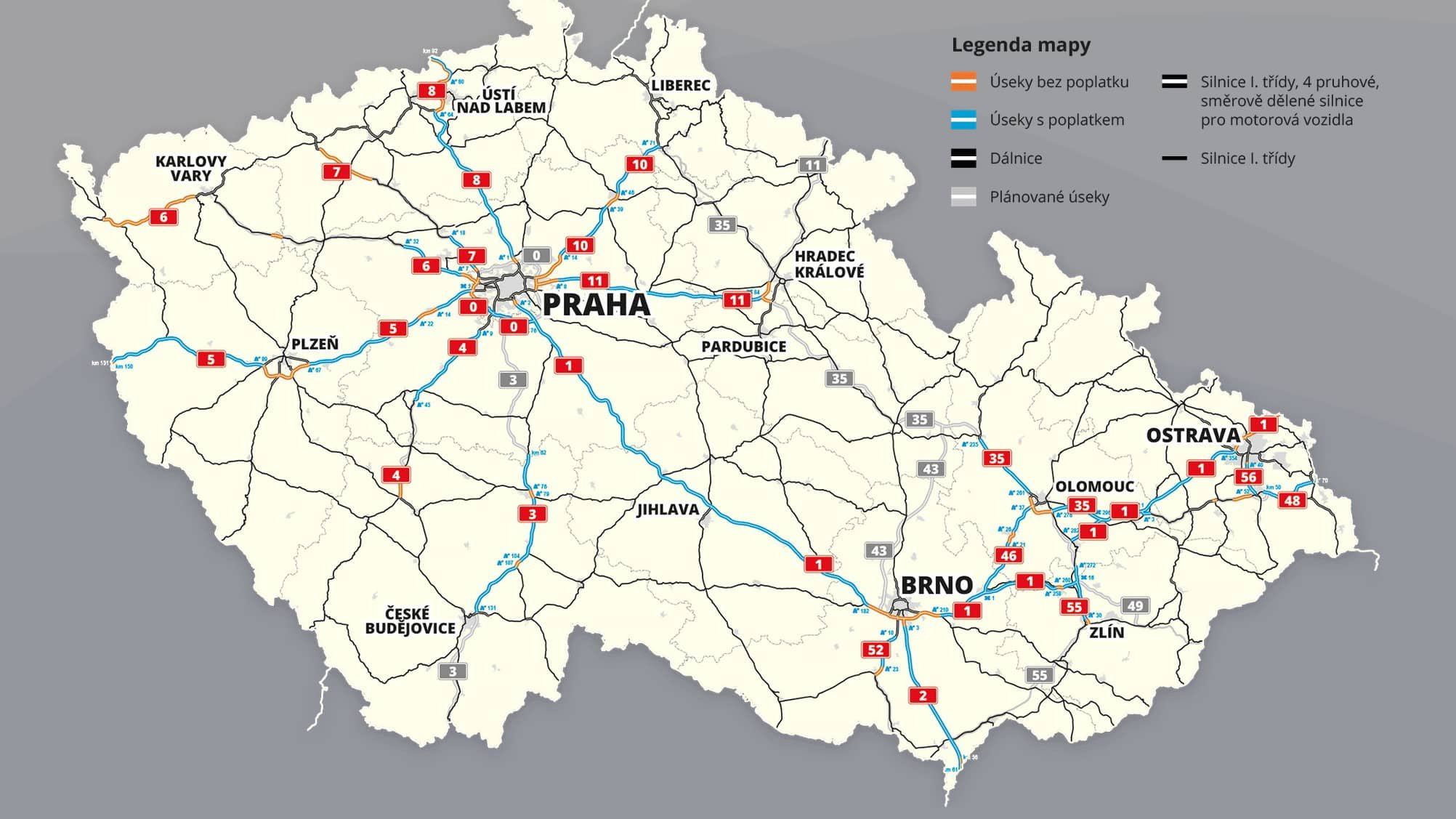 mapa českých diaľníc